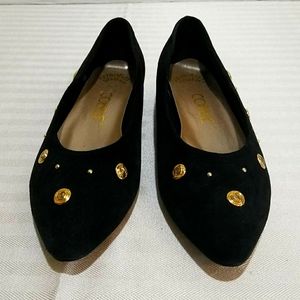 Cobbie 8B low heel black suede pump brass bling